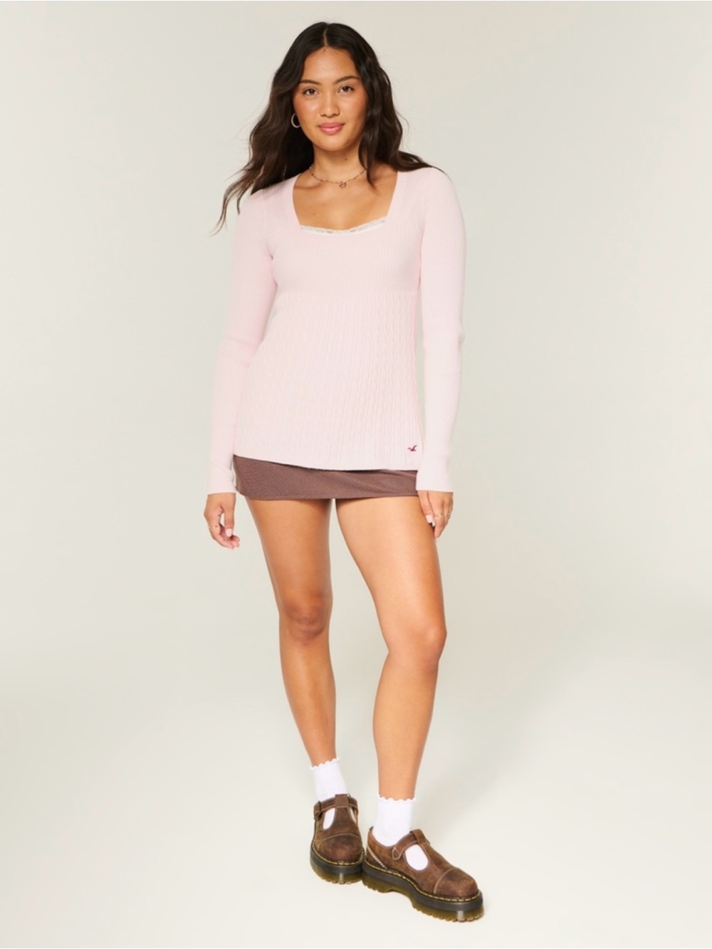 NWT Hollister Pink Square Neck Babydoll Cable Knit Sweater Small Soft Cozy - Picture 2 of 6
